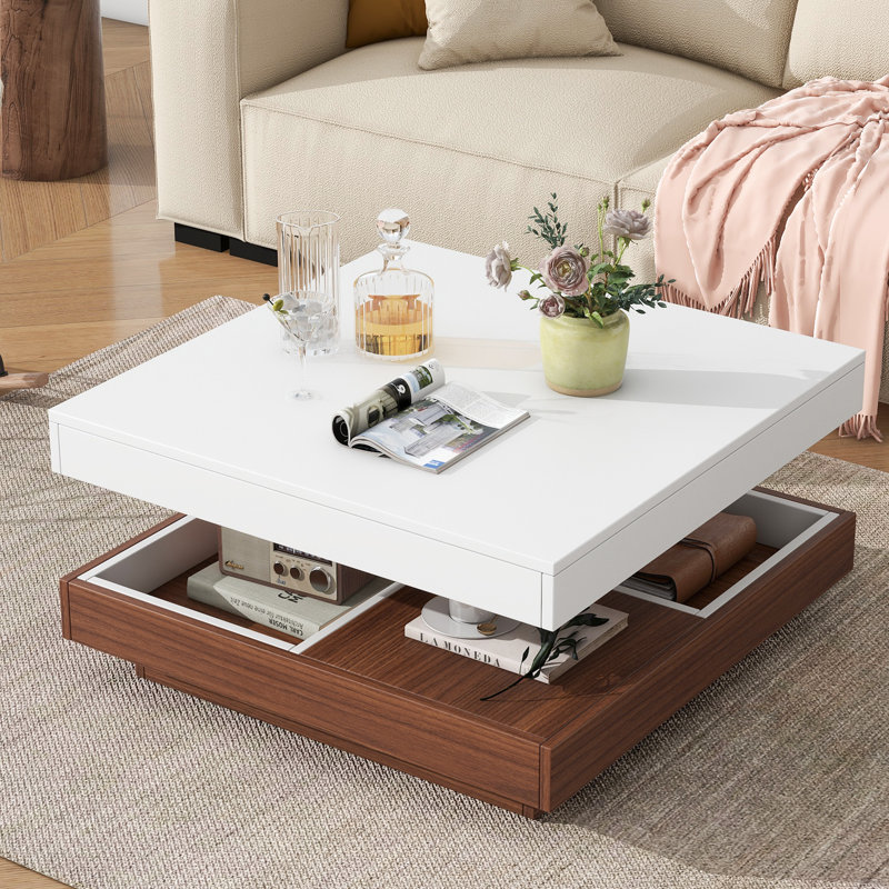 Table basse rotative à 360 ° avec trois plateaux amovibles, table de bout en bois de ferme à 2 niveaux avec rangement pour le salon, blanc, 27,5 po x 27,5 po ON-TREND