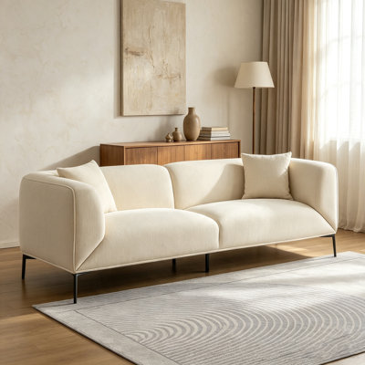 Canapé de salon moderne et minimaliste à 3 places en tissu bouclé beige avec cadre en bois massif
