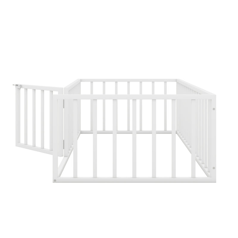 Metal Floor Bed Frame With Fence And Door, White