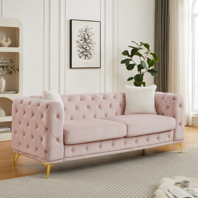 Canapés à compression, velours rose de 82,5 pouces, canapé Chesterfield moderne