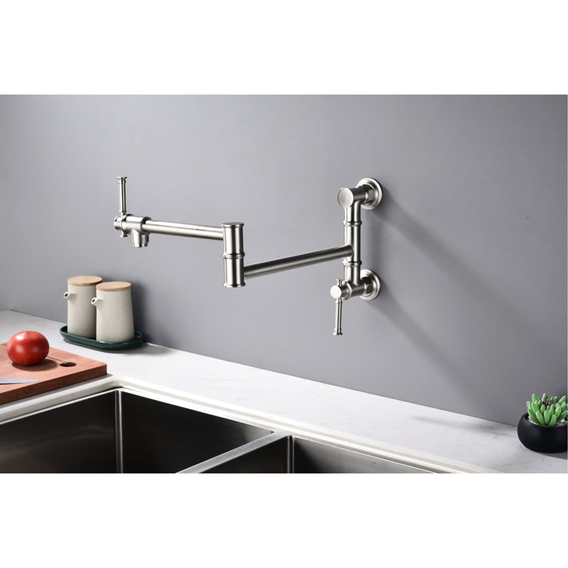 Wall Mount Pot Filler Faucet - Brass, Modern Design, Two-Attachment, Foldable Arm, Brushed Nickel, Drip Prevention, Silent Water Brass Mounted, Two-Attachment Folding, Corrosion Resistance, Peaceful