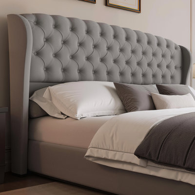 Dulane Velvet Upholstered Queen Scroll Wingback Headboard With Button Tufting, Gray