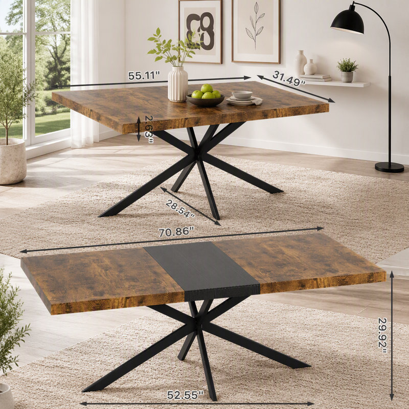 55.11"-70.86"Retro Rectangular Stretch Dining Table, Rustic Brown/Black