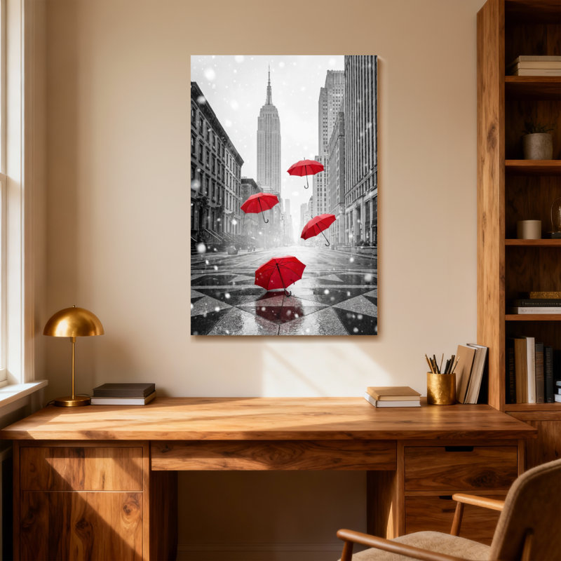 Scenic & Cityscapes, parapluies rouges flottant dans un paysage urbain enneigé, H 40 po x l 28 po