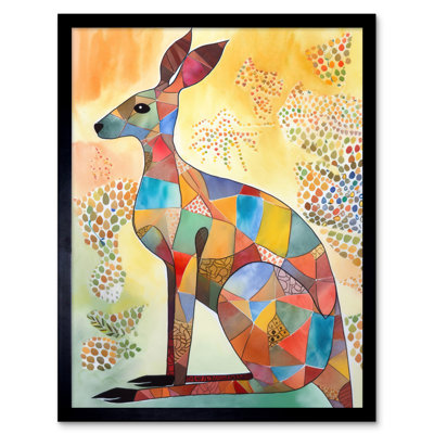 Multicoloured Kangaroo Folk Art Watercolour Painting Artwork Framed Wall Art Print 9X7 Inch