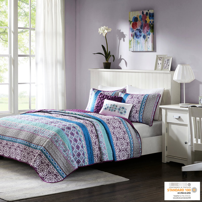 Courtepointe et oreiller réversible mauve - Housse de coussin délavé pour chambre à coucher