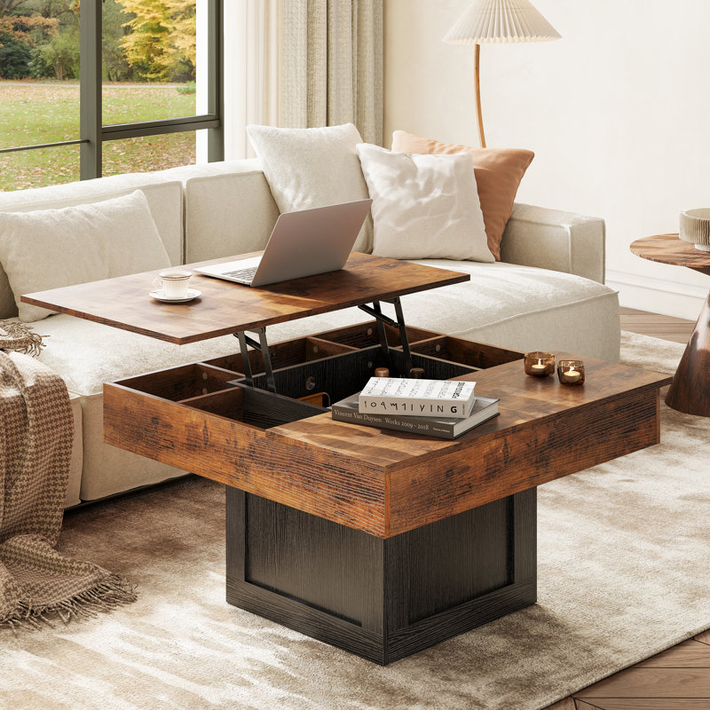 LED Lift Top Coffee Table With Storage, Brown
