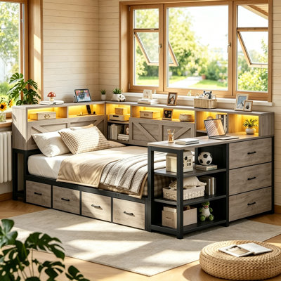 Twin Daybed with 7 Storage Drawers and Desk, Convertible Platform Bed with Bookcase Headboard and Shelves Cabinet, Space-Saving Guest Bed for Small Rooms