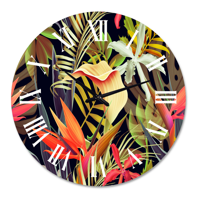 Fleur tropicale sur fond noir I - Horloge murale tropicale, Grand