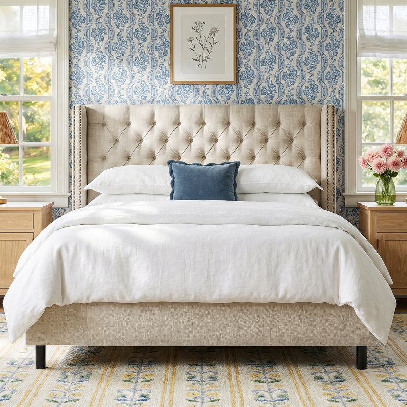 Lit tapissier standard Breckin, Très grand californien, Classic Linen Black
