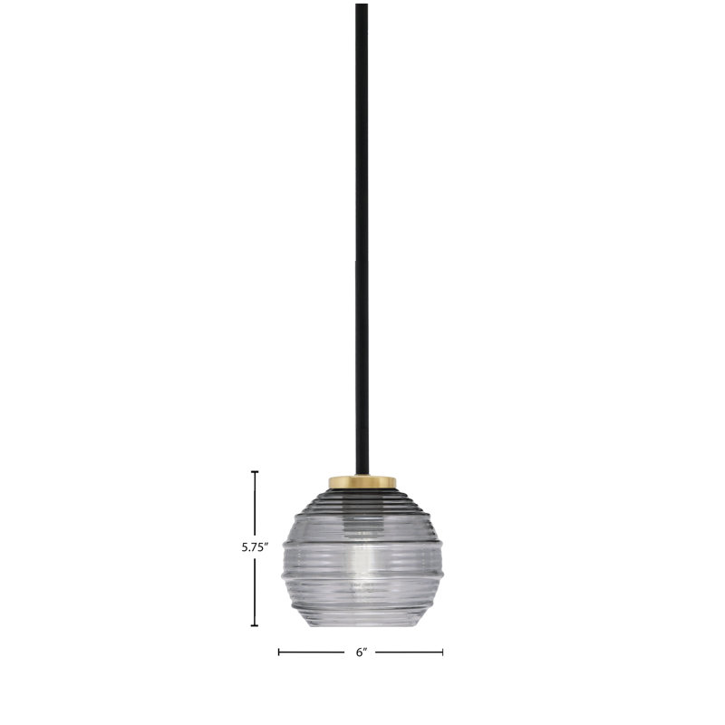 Mini-luminaire suspendu 1 lumière Amarmula, noir mat et laiton vieilli, verre strié fumée 6 po, Transparent/noir
