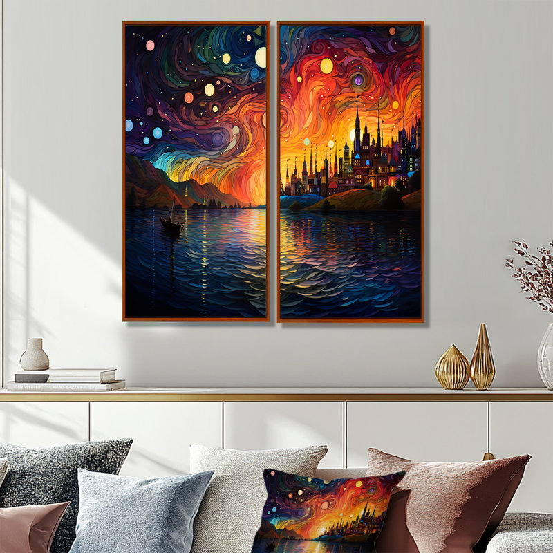 Nuit étoilée sur le rhône en France II - Art mural traditionnel 2 pièces, 20" H x 24" W, Brown, Impression encadrée flottante