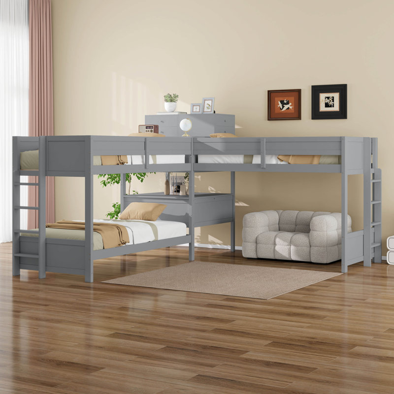 Lit simple superposé en forme de L avec bureau intégré, 4 tiroirs, ports USB et prise de courant, Gris