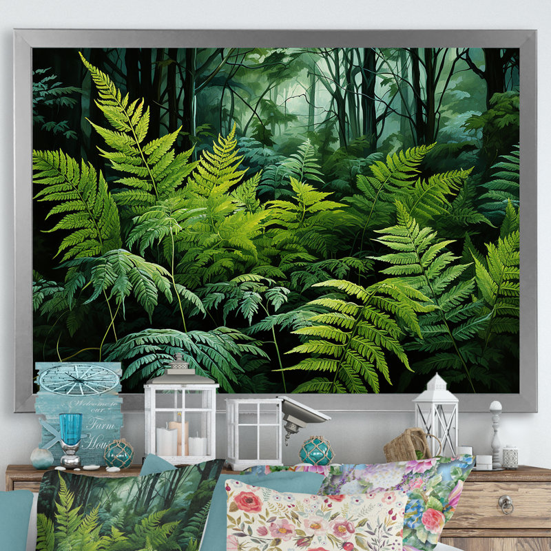Fougère botanique sur toile, reproduction de plante vert forêt émeraude - Emerald Green Ferns Forest V, Cadre photo argenté