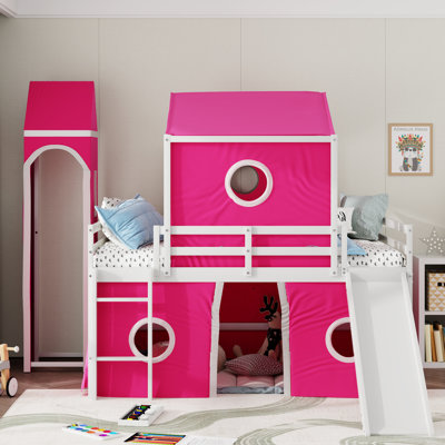 Full Size Pink Loft Bed With Slide, Tent And Tower - Inspired Window, Quality Pinewood, Extra Storage For Books Slide Like Window Design, Plywood Fun Sleeping Playing Area