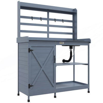 Potting Bench, Outdoor Potting Table With Storage Cabinet, Storage Shelves, Sink And Water Tap