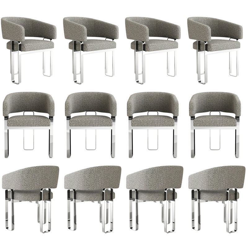 Chaise de salle à manger grise bouclée avec accoudoirs, chaises d'appoint modernes, fauteuil rembourré pour cuisine, restaurant, réception, salon de maquillage (lot de 12)