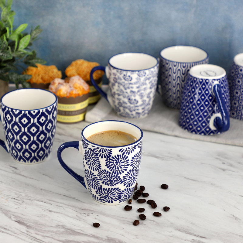 Red Barrel Studio® Mathre 6 Piece 12 Ounce Assorted Design Stoneware Mug Set in Blue and White