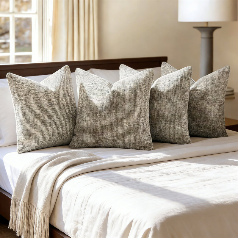 Set Of 4 20X20 Inch Khaki Chenille Throw Pillow Covers, Farmhouse Boho Accent For Sofa Or Bedroom, Khaki