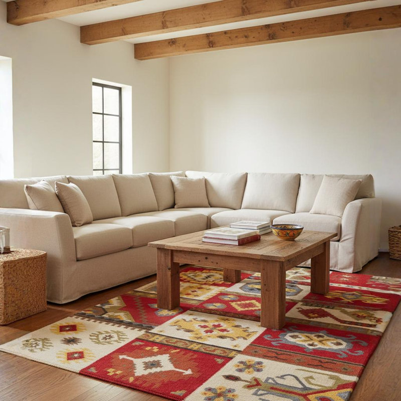 Tapis à motif géométrique en laine tissé à la main et à la main Gupta, Rectangulaire 7 pi x 10 pi