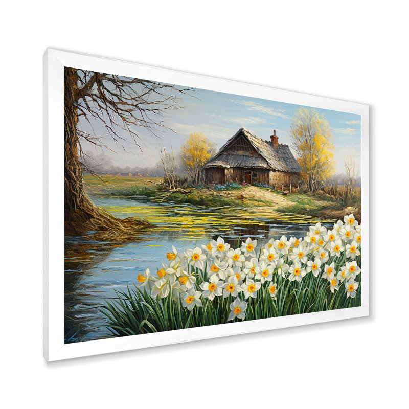 «White and Yellow Daffodils Country Charm I», reproduction sur toile, H 34 po x l 44 po x P 1,5 po, Cadre simple blanc