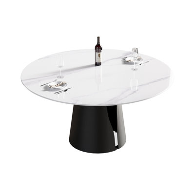 Table de salle à manger 59,05 "en pierre artificielle noire ronde avec base en acier au carbone - pouvant accueillir 6 personnes