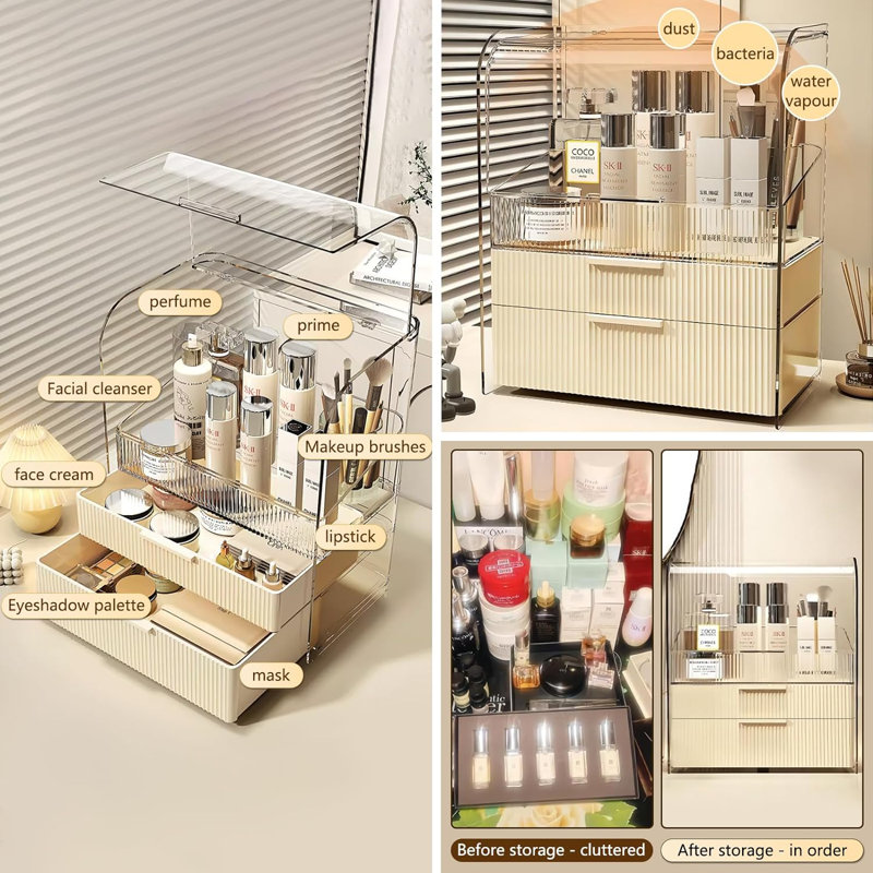 Cover Dustproof Three Layers Storage Box,Makeup Brush Holder,Large Capacity Desktop Storage Box With Drawer
