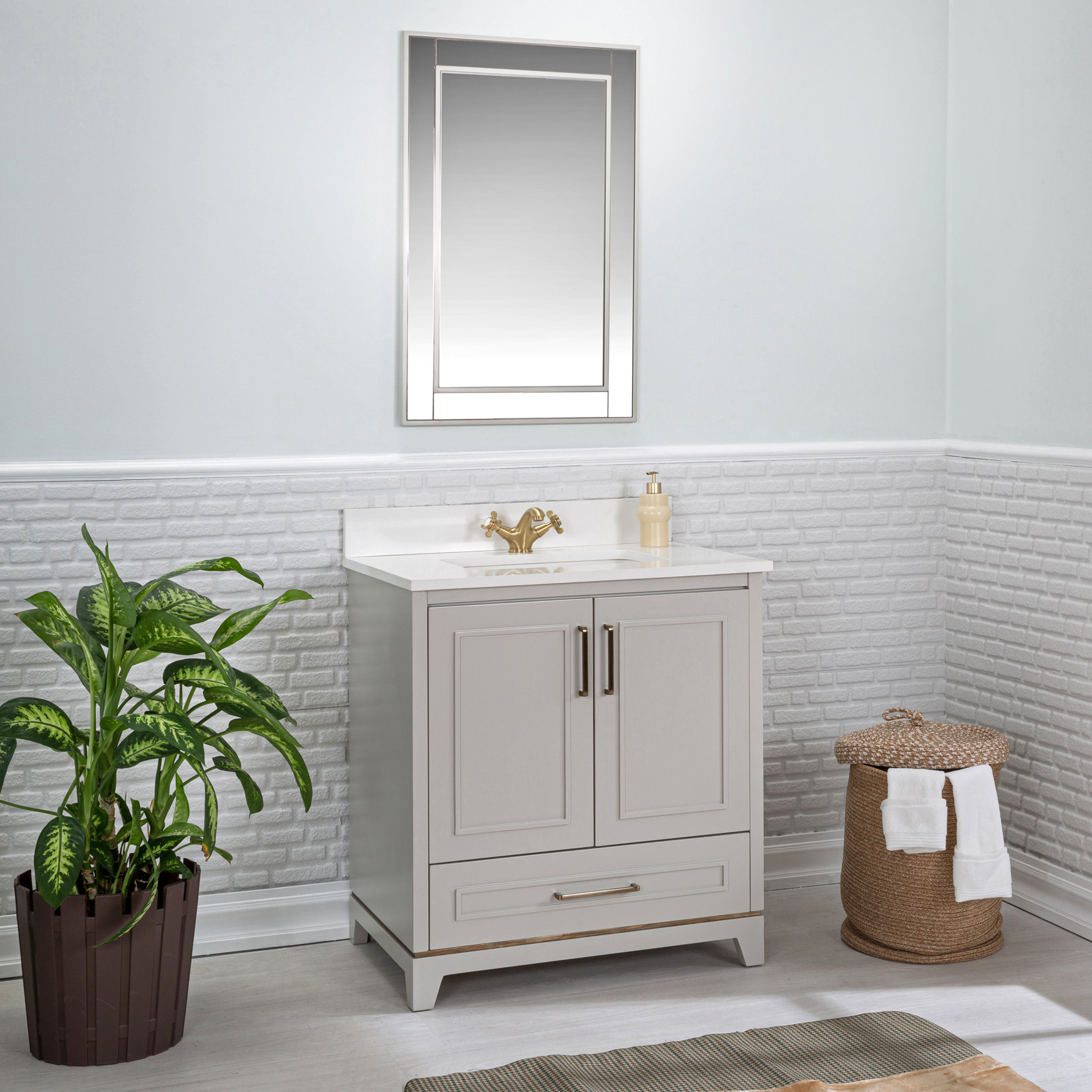 Adorn Vanity Albia 30'' Free-standing Single Bathroom Vanity with Quartz Vanity Top & Mirror ...