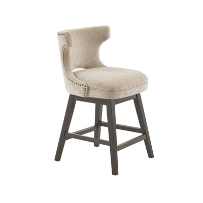 Tabouret de comptoir rembourré beige - Pieds en bois massif, structure de chaise pivotante café foncé, bois, finition