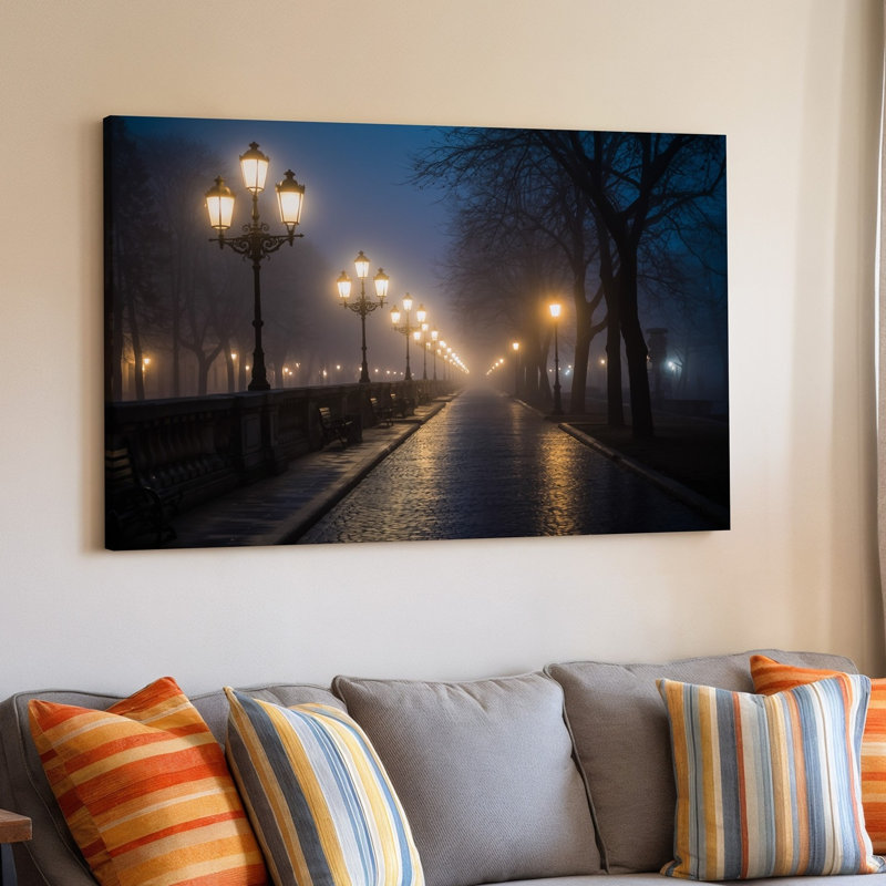 Toile, scène de rue à éclairage tamisé avec nuit, art mural, rangée de lampes de rue rétro ornées d'un doré chaleureux pour toile