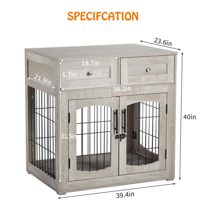 Large Gray Wooden Dog Crate Table with Cushion and Drawers