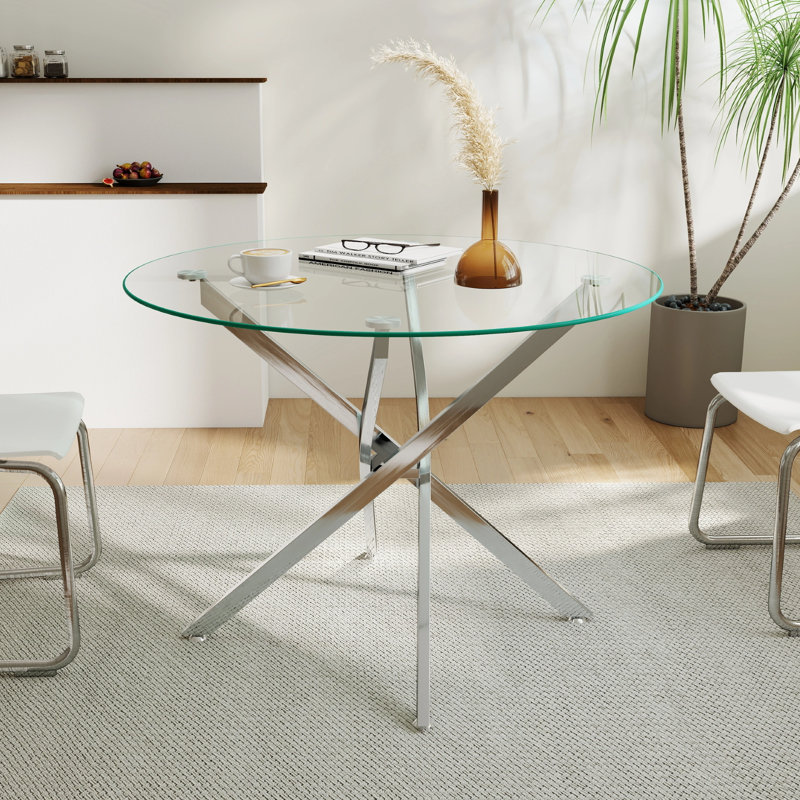 Table de salle à manger ronde 36 "en verre trempé minimaliste transparent avec base en métal, argent, Argent