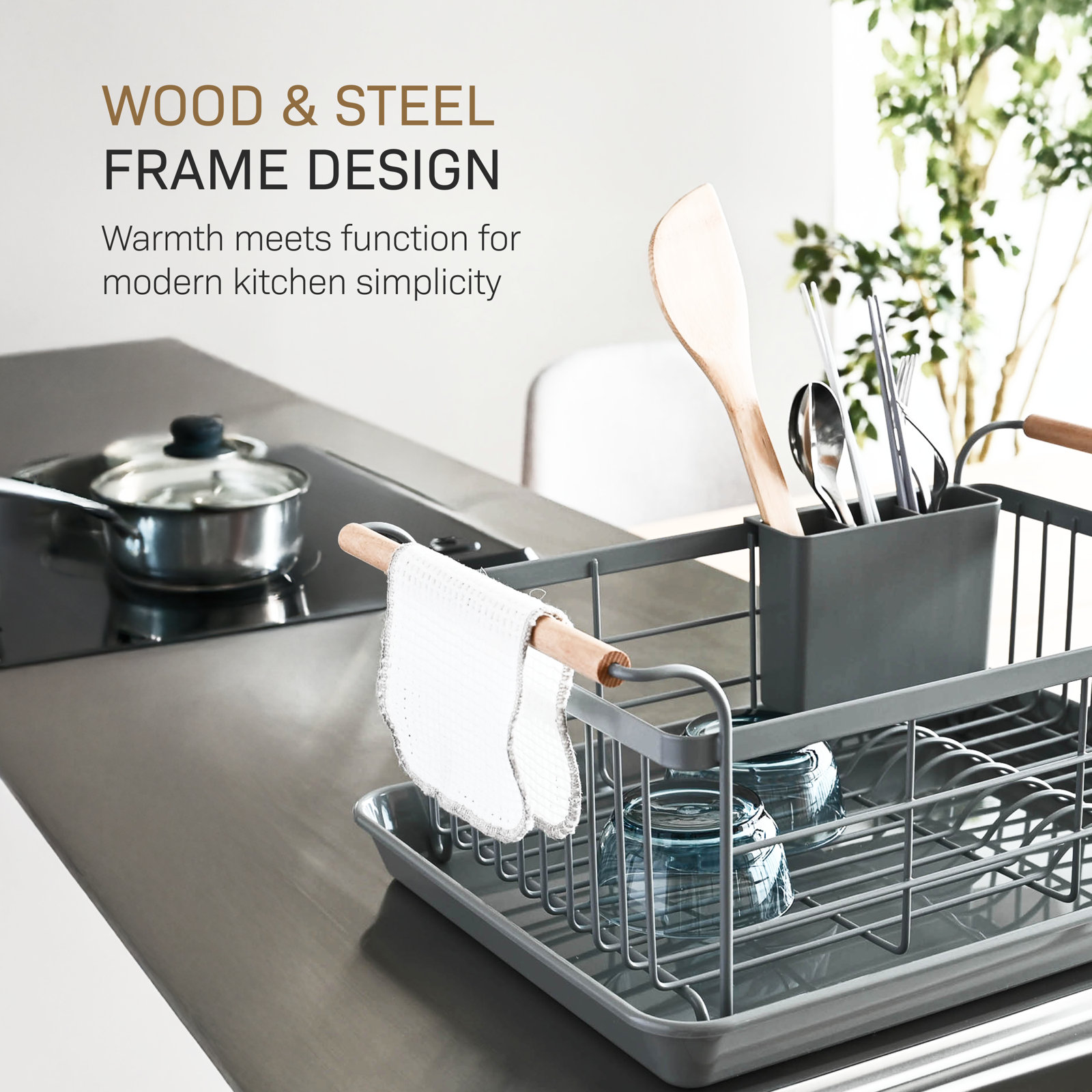 Yamazaki Home Tosca Dish Rack With Removeable Drainer Tray - Steel - Wood, Gray