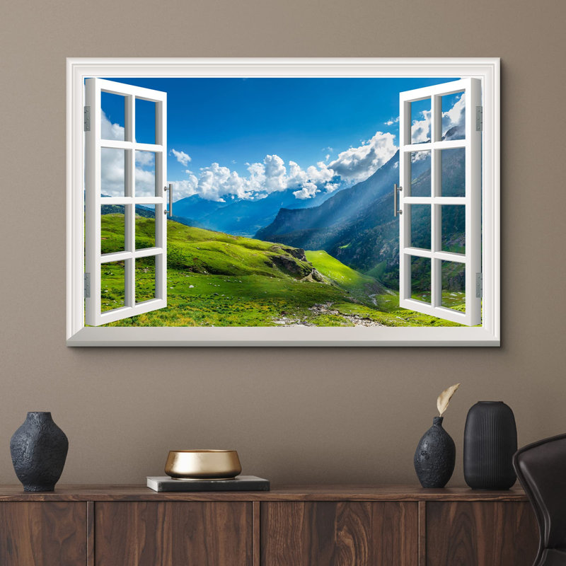 Fenêtre de paysage «Vue de la fenêtre sur la vallée de montagne, images de la nature, paysage rustique, détente, calme et ultra» sur