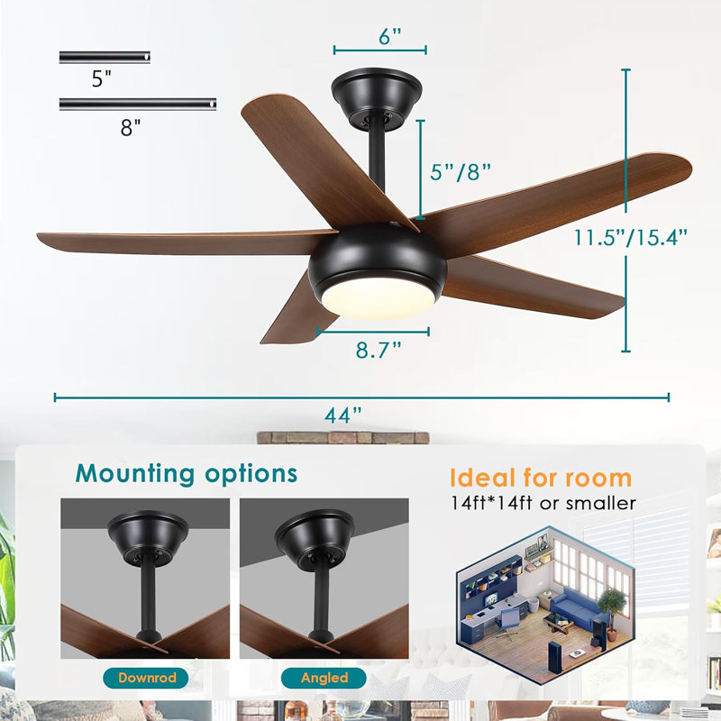 Ceiling Fans With Lights - 44" Modern Ceiling Fans With 5 Blades And 3CCT Dimmable, Low Profile Ceiling Light Fixture, Indoor/Outdoor Ceiling Fan Light For Bedroom, Covered Patios