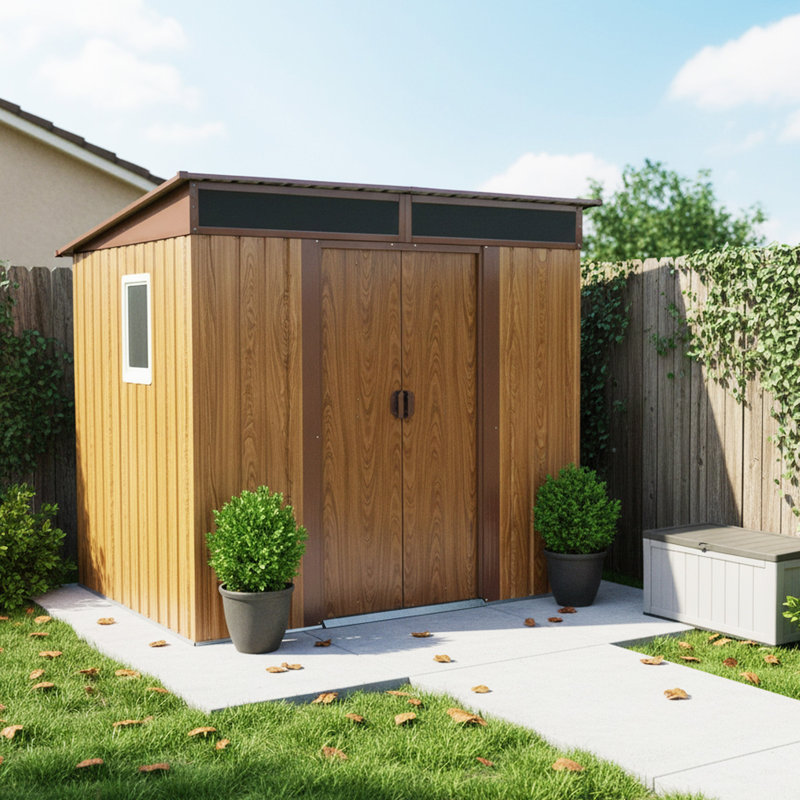 6 ft. x 5 ft. Metal Outdoor Storage Shed with Window & Sloped Roof, Brown, 59.5" H x 77" W x 71" D