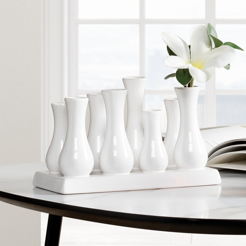 Vase en céramique blanc brillant moderne à 8 tubes avec base connectée