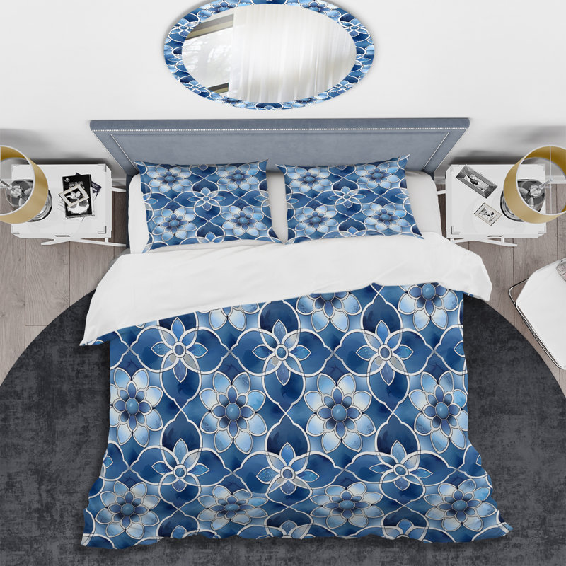 Ensemble de housse de couette moderne bleu et blanc à motif quadrilobe II, Housse de couette très grand et 2 très grandes t