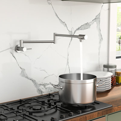 Single Hole Wall Mounted Pot Filler Faucet, Brushed Nickel, Two Handles, 360 Swivel, Foldable Design For Effective Kitchen Filling - Handle Faucet In Rotation, And Stretchable, Solid Brass Use