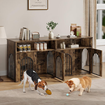 Cage double pour chien de 200 cm avec rangement, brun | Meuble télé intégré en bois pour 2 chiens de taille moyenne et grande