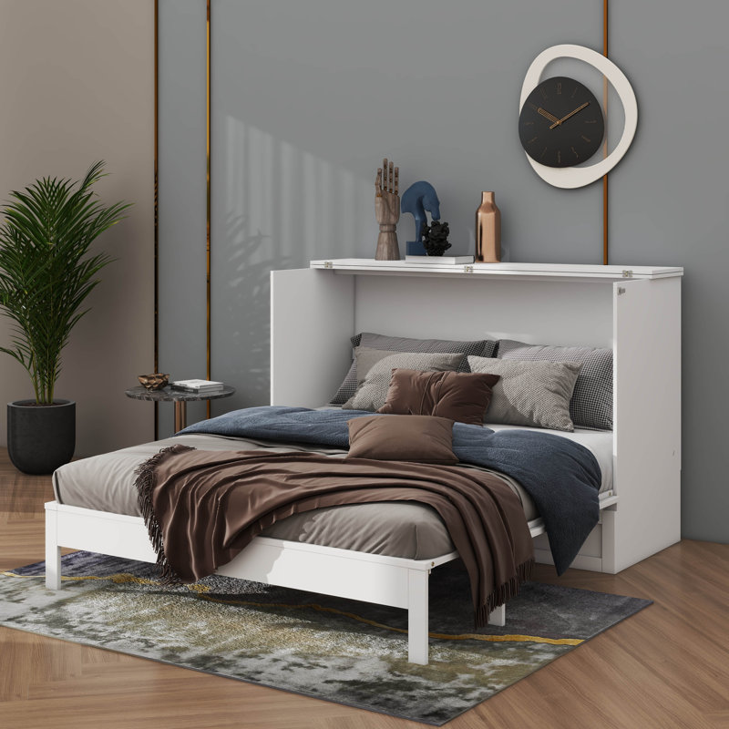 Lit escamotable peu encombrant avec tiroirs intégrés, Double, Blanc