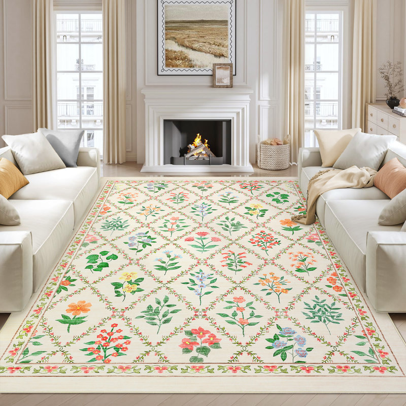 Modern Washable Area Rug 9x12 Rugs for Living Room Farmhouse Luxurious Soft Rug for Bedroom Trellis Colorful Rug Floral Throw Rugs Non Slip Carpet for Nursery Office 9'x12' Colorful