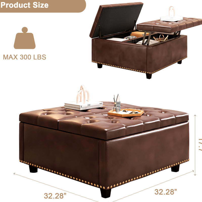 Carré brun surdimensionné en cuir brun avec construction, salon, grande table basse, compartiment de rangement, Brun