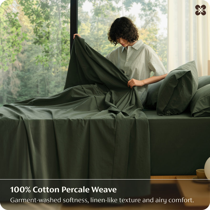 Bedsure 100% Washed Cotton Sheets - Linen Like Textured Percale Sheets King Size, 6-Piece Bedsheet Set With 18" Deep Pocket, Breathable & Purewoven Soft Comfy (Olive Green, King)