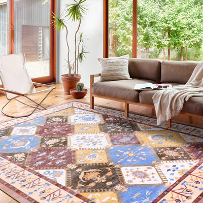 Wymond  Machine Washable Moroccan Area Rug Aztec Geometric Carpet With Non-Slip Backing