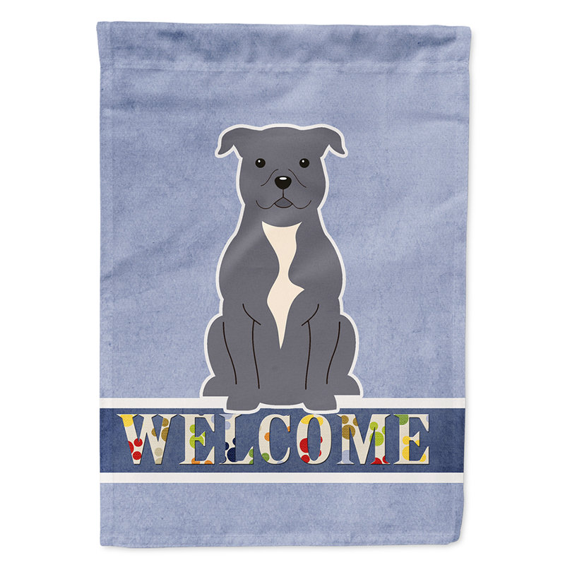 Polyester 2 côtés 40 x 28 po welcome drapeau maison, Staffordshire bull terrier bleuté assis