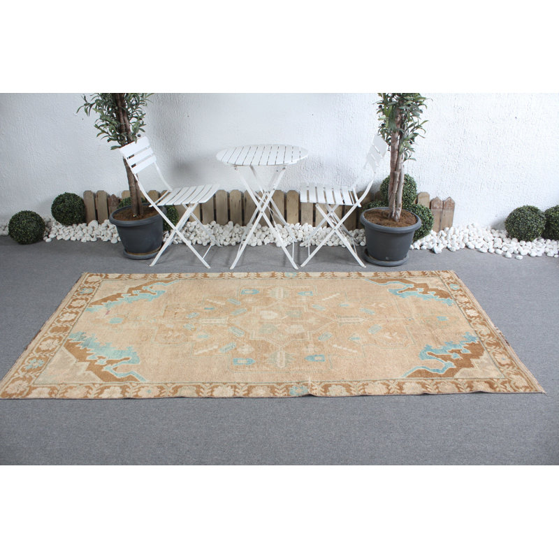 Tapis turc rétro Oushak dans des tons de brun chaud, idéal pour les chambres à coucher et les décors bohémiens