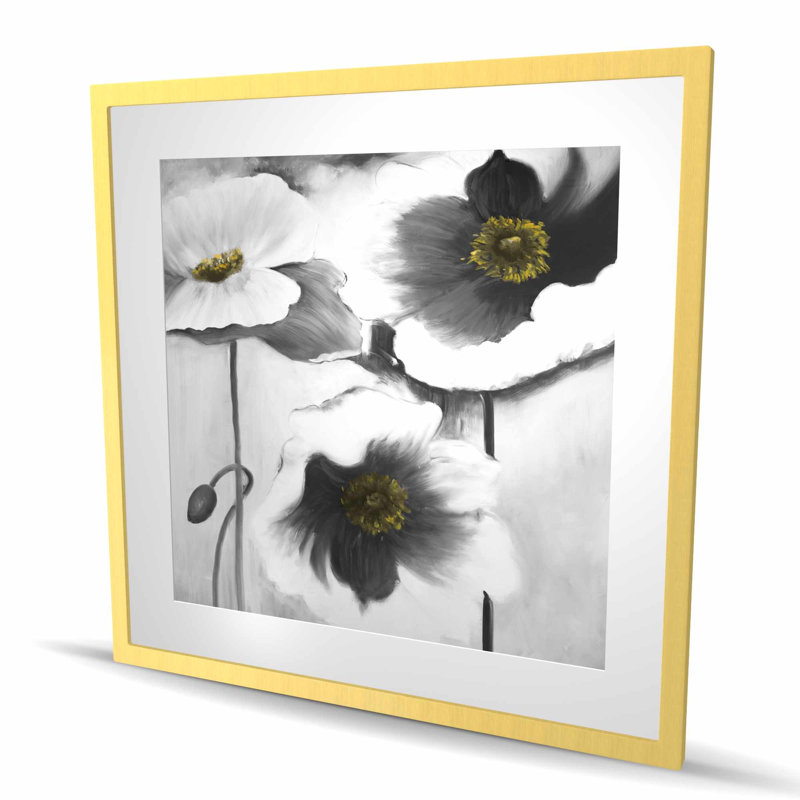 Fleurs noires et blanches - reproduction botanique encadrée, H 36 po x l 36 po, Doré
