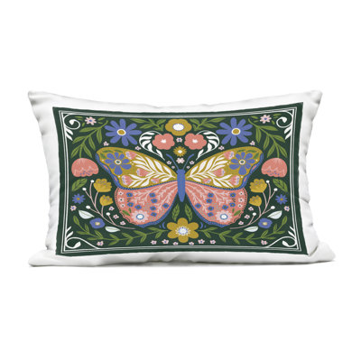 Folk Patterned Butterfly Florals Outdoor Printed Pillow, design by Loni Harris