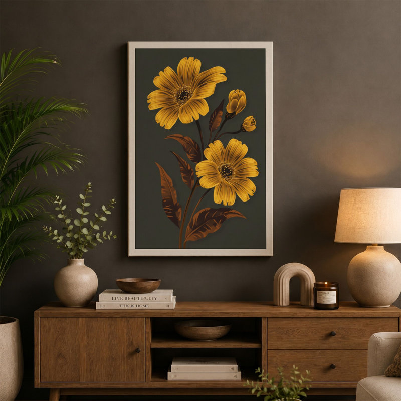 Golden Daisy Study Botanical - Wrapped Canvas, 30x20 - 76.2 x 50.8 cm, Taupe Border